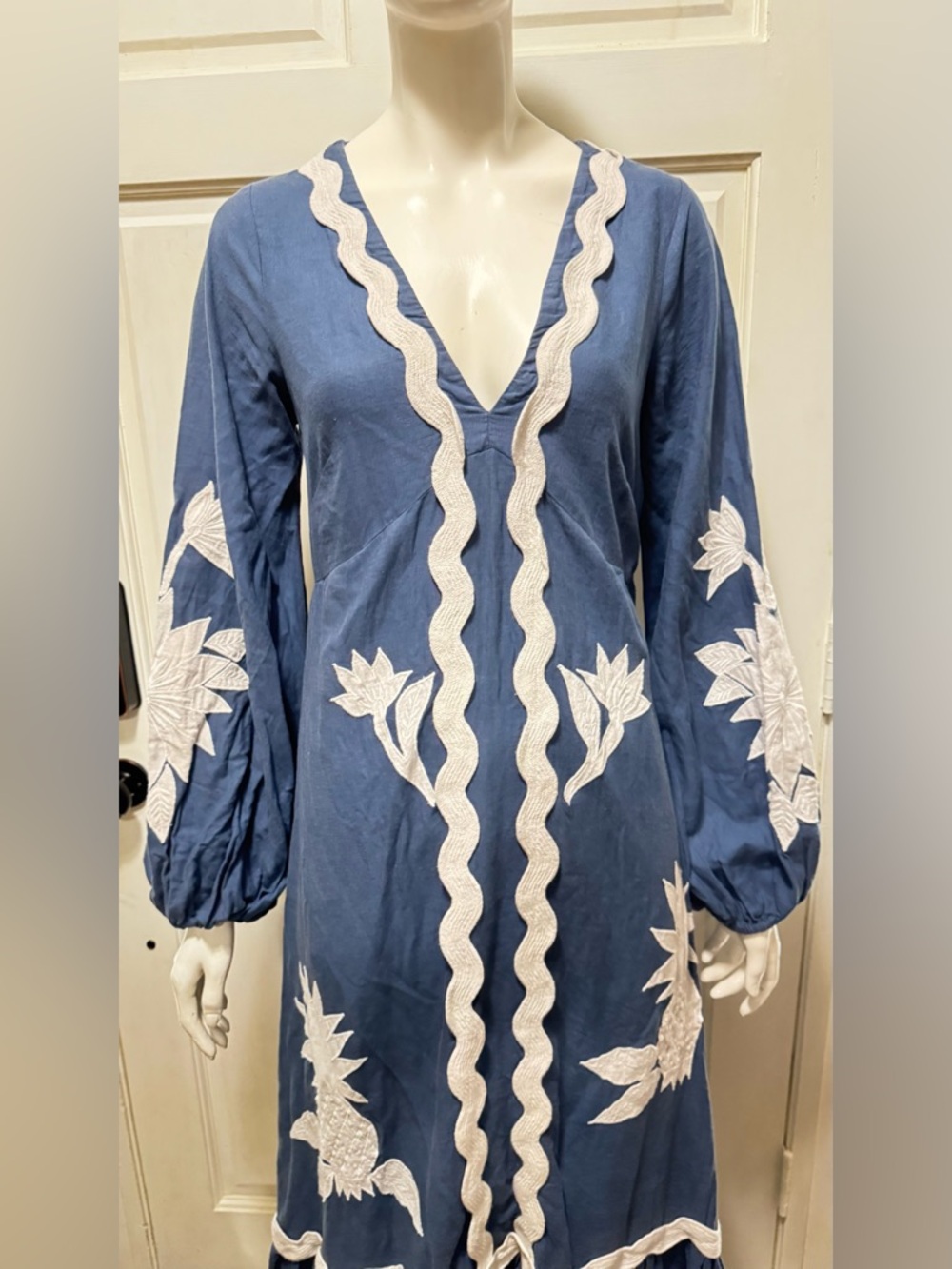 Farm Rio  Navy Blue White Floral Embroidery long sleeves Maxi Dress S XS - Picture 6 of 13